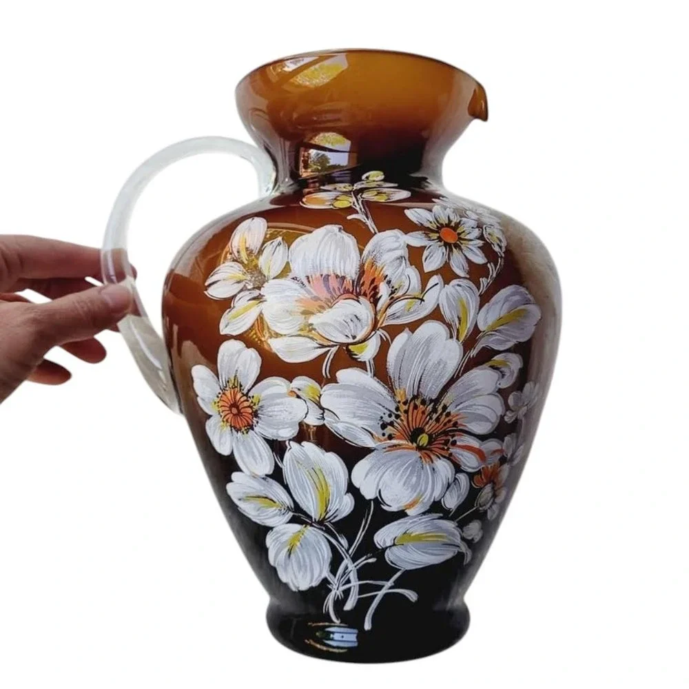 Ardalt Italian Art Glass Pitcher‎ Clear Handle Brown White Floral - Picture 2 of 8